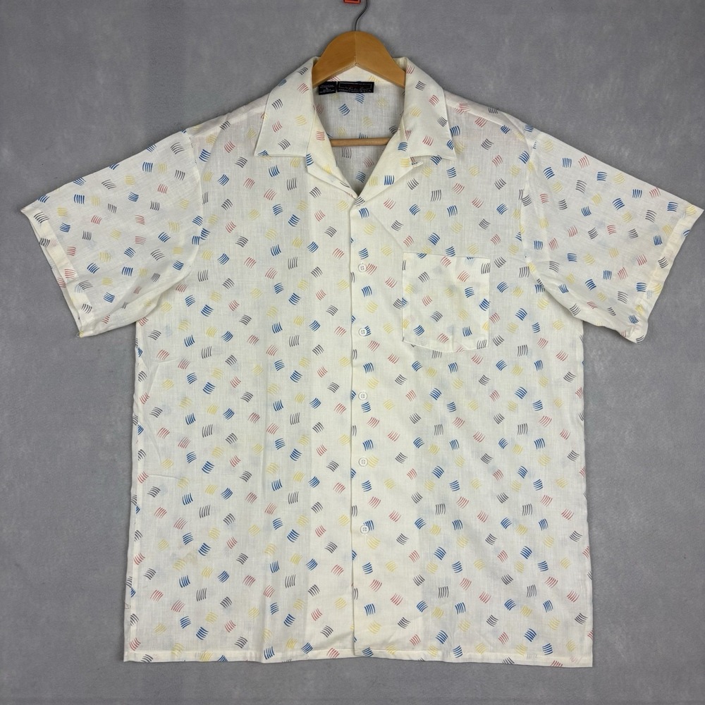 Vintage Loop Collar Camp Shirt Mens Large White Short Sleeve 5050 Paper Thin 80s